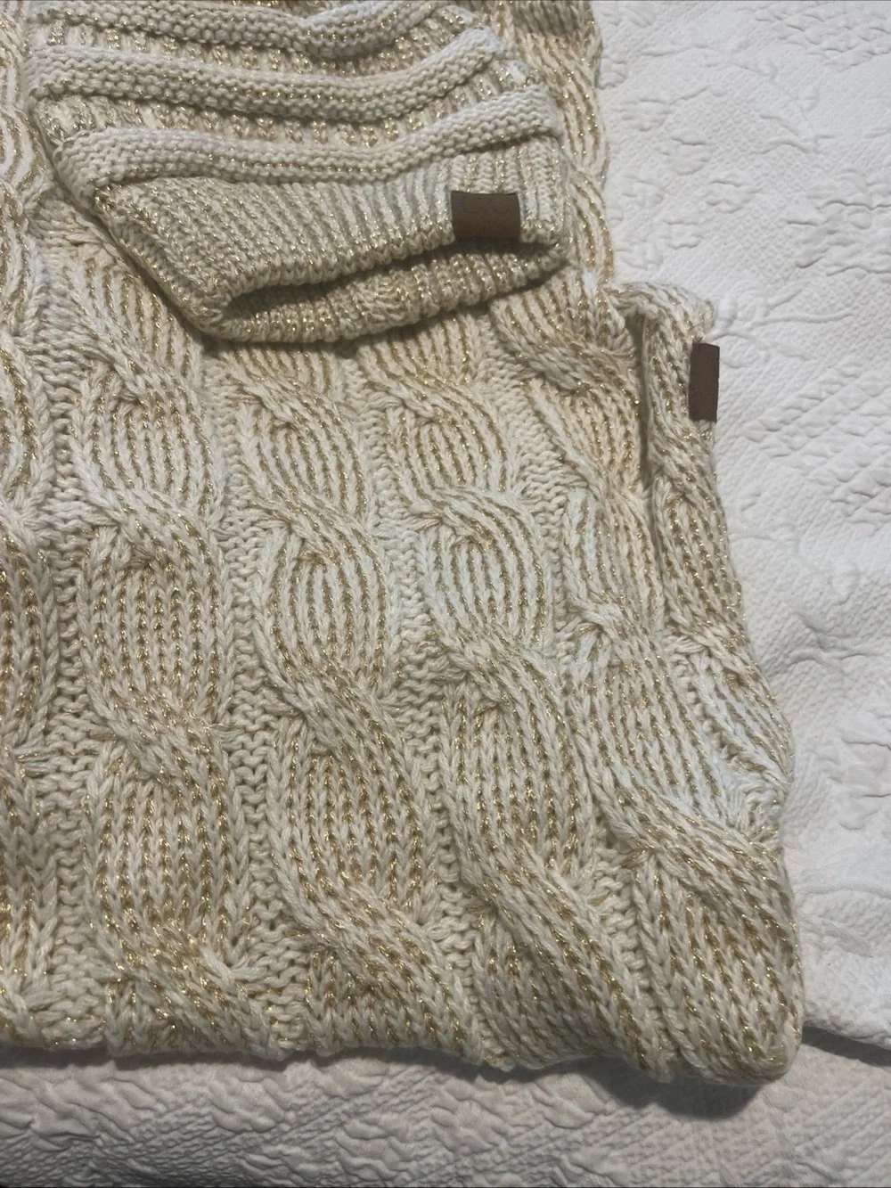Sparkle Knit Beanie and Scarf Set - Cream with Gold Thread C.C Faux Fur Pom Pom
